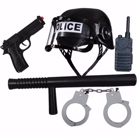 Fünfteiliges Polizei-Spielset für Kinder mit Helm, Spielzeugpistole, Schlagstock, Walkie-Talkie und Handschellen.