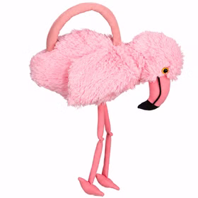 Flauschige pinke Flamingo-Handtasche mit Reißverschluss, langen Henkeln, gebogenem Schnabel und langen hängenden Beinen.