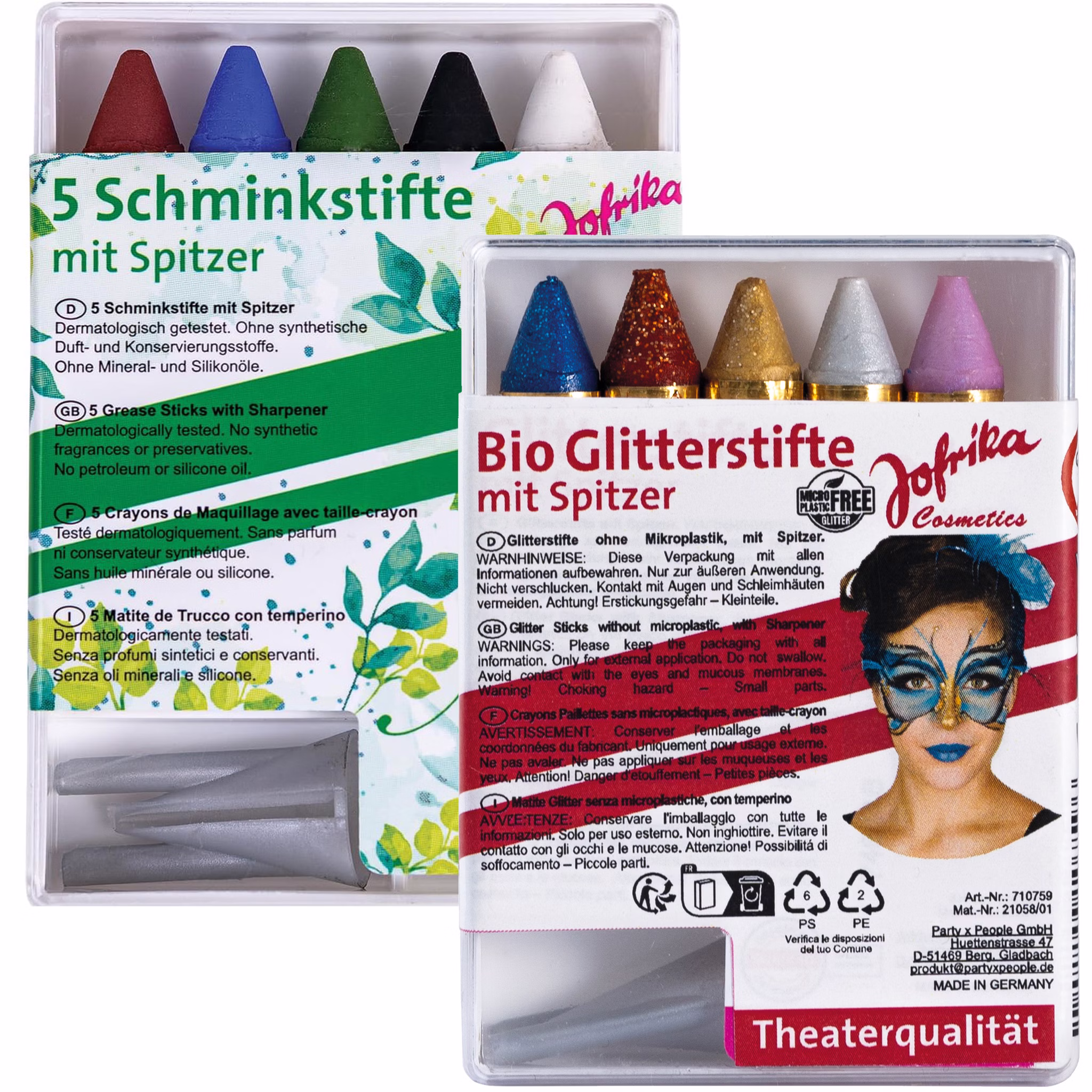 Zwei Schminkstift-Sets von Jofrika mit Spitzer: fünf klassische Schminkstifte sowie fünf farbige Glitterstifte in separaten Verpackungen.