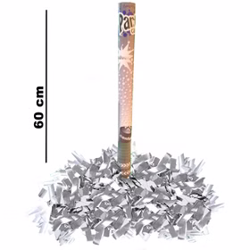 Silberne Konfettikanone mit schimmernden Silberfolien-Streifen mit Maßangabe der Länge von 60 Zentimeter.