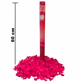 Pinke Konfettikanone mit pinkem Papierkonfetti mit Maßangabe der Länge von 60 Zentimeter.