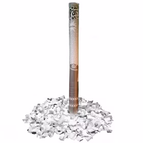 Weiße Konfettikanone mit passendem weißen Papierkonfetti zur Darstellung der enthaltenen Konfettifarbe.