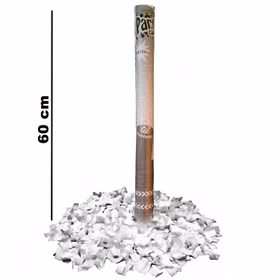 Weiße Konfettikanone mit weißem Papierkonfetti für fröhliche Feiern und Mottopartys.