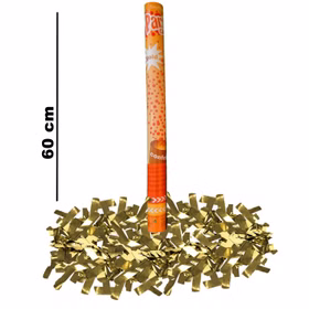 Goldene Konfettikanone mit glänzendem Goldfolien-Konfetti mit Maßangabe der Länge von 60 Zentimeter.
