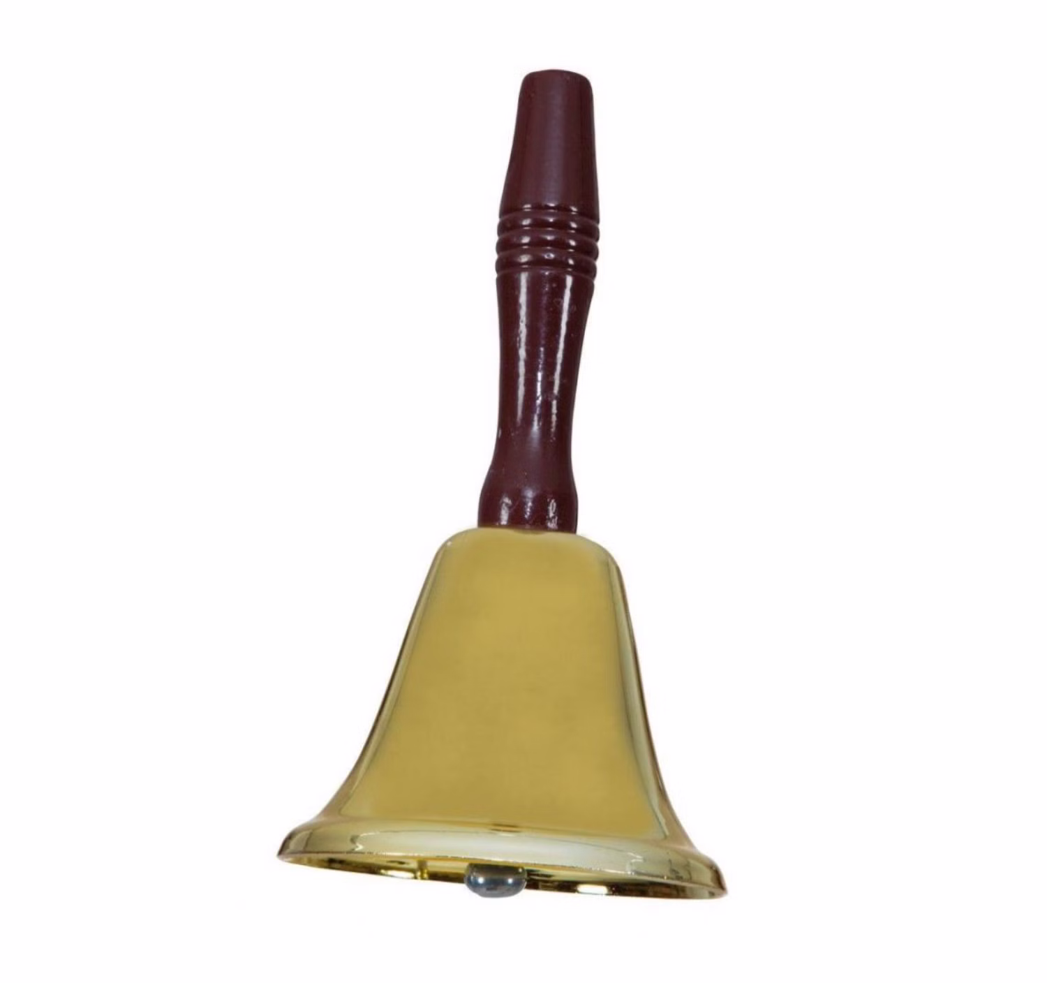 Goldene Glocke mit braunen Griff in Holzapplikation vor weißem Hintergrund.