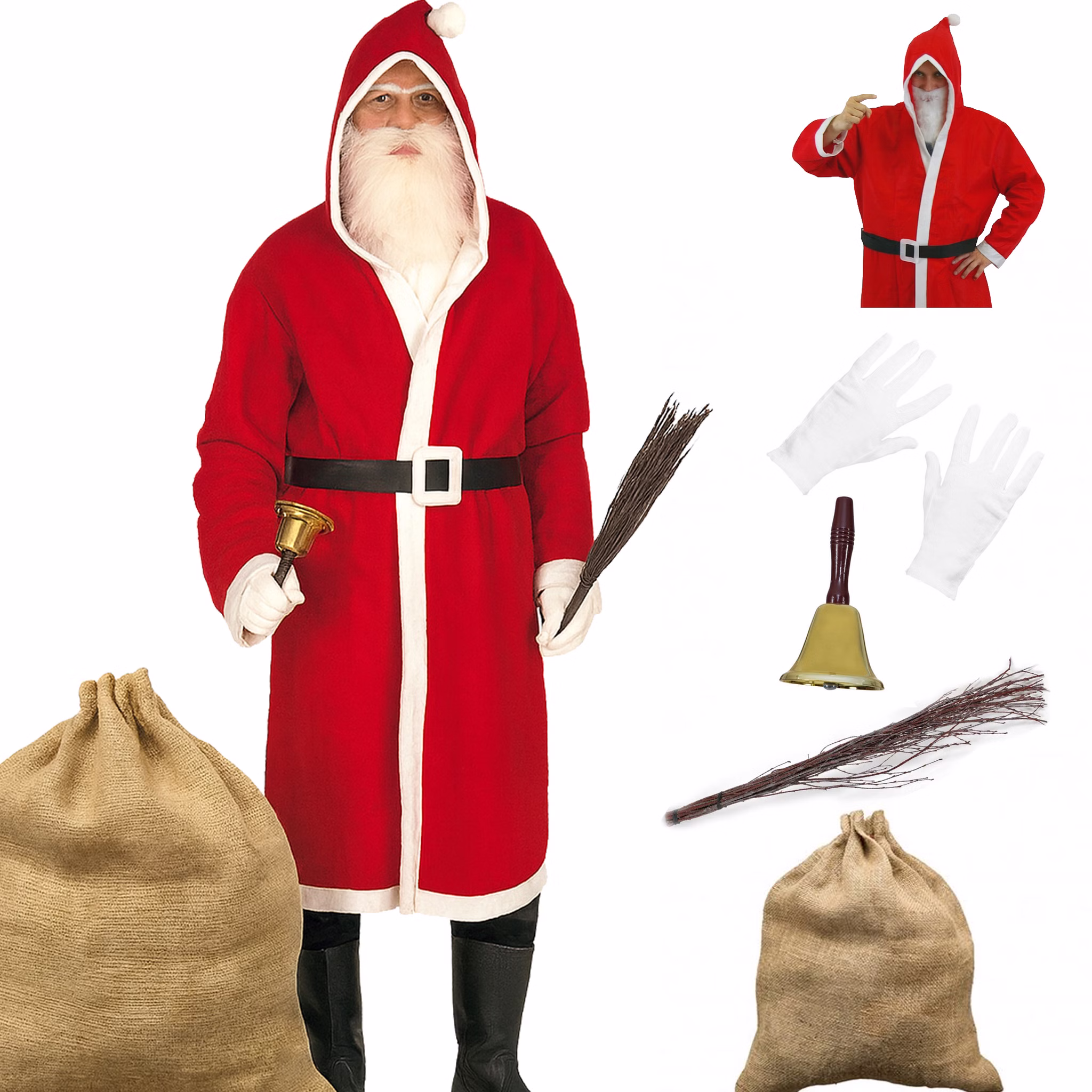 Weihnachtsmann-Kostüm für Erwachsene mit rotem Mantel, weißem Bart, schwarzen Stiefeln, braunem Jutesack, weißen Handschuhen, goldener Glocke und Reisig-Rute auf weißem Hintergrund.