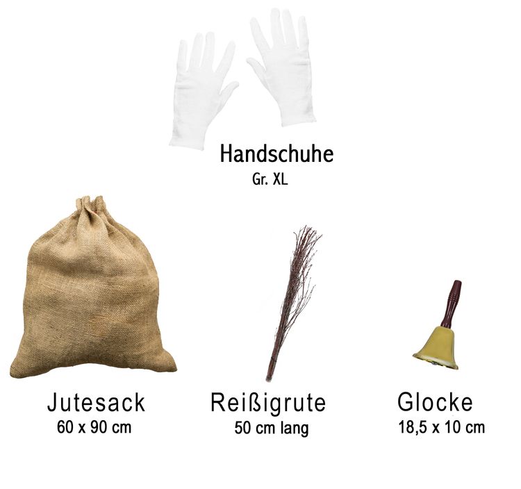 Weihnachtsmann-Kostüm für Erwachsene mit rotem Mantel, weißem Bart, schwarzen Stiefeln, braunem Jutesack, weißen Handschuhen, goldener Glocke und Reisig-Rute auf weißem Hintergrund.