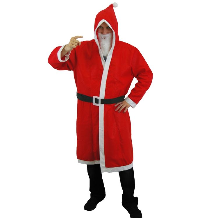 Weihnachtsmann-Kostüm für Erwachsene mit rotem Mantel, weißem Bart, schwarzen Stiefeln, braunem Jutesack, weißen Handschuhen, goldener Glocke und Reisig-Rute auf weißem Hintergrund.