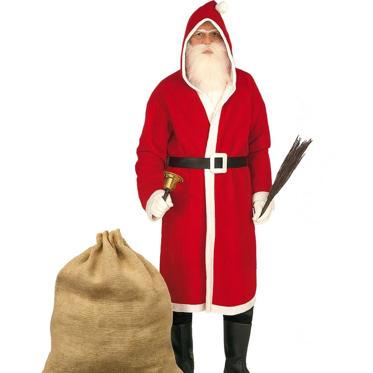 Weihnachtsmann-Kostüm für Erwachsene mit rotem Mantel, weißem Bart, schwarzen Stiefeln, braunem Jutesack, weißen Handschuhen, goldener Glocke und Reisig-Rute auf weißem Hintergrund.