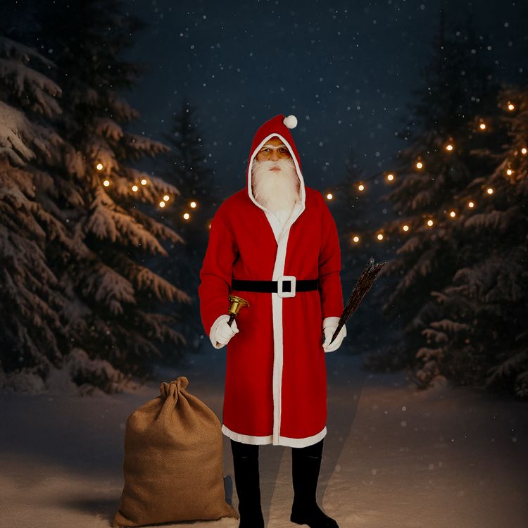 Weihnachtsmann-Kostüm für Erwachsene mit rotem Mantel, weißem Bart, schwarzen Stiefeln, braunem Jutesack, weißen Handschuhen, goldener Glocke und Reisig-Rute auf weißem Hintergrund.
