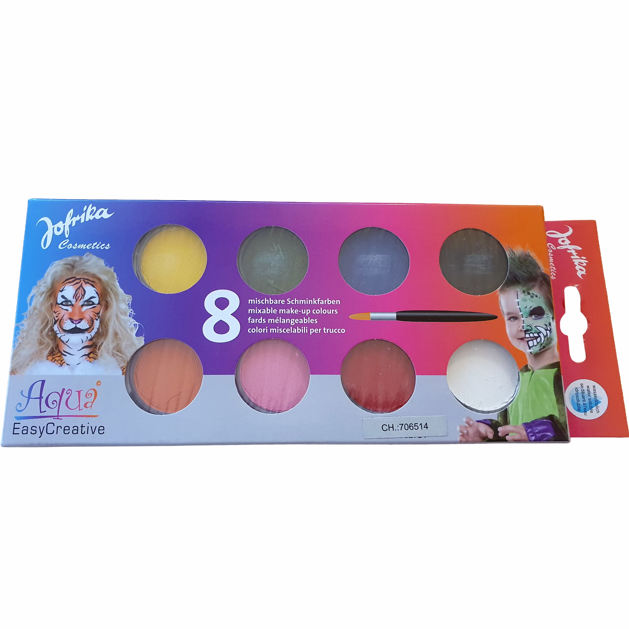 Aqua Creative Schminkpalette für Kinder 8 Farben wasserlöslich inkl. Pinsel Kinderschminke Schminken Make-Up Fasching Karneval Mottoparty Kostüm-Zubehör Kindergeburtstag Vorderseite: Schminkpalette Aqua Creative mit 8 bunten, wasserlöslichen Farben und beiliegendem Pinsel