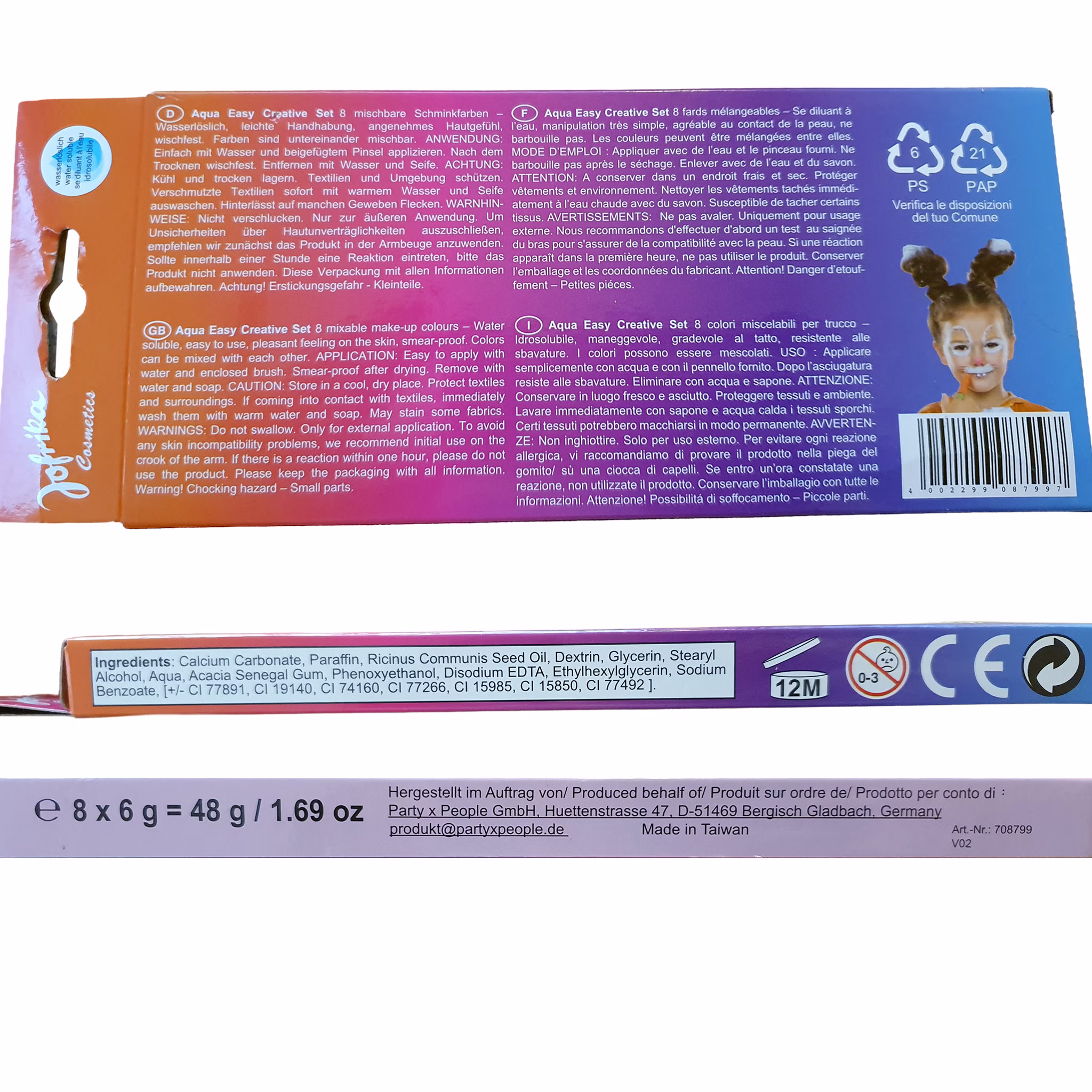 Aqua Creative Schminkpalette für Kinder 8 Farben wasserlöslich inkl. Pinsel Kinderschminke Schminken Make-Up Fasching Karneval Mottoparty Kostüm-Zubehör Kindergeburtstag Rückseite & Verpackungsinformationen: Rückseite der Aqua Creative Schminkpalette mit Anwendungshinweisen, Inhaltsstoffen und Sicherheitssymbolen.