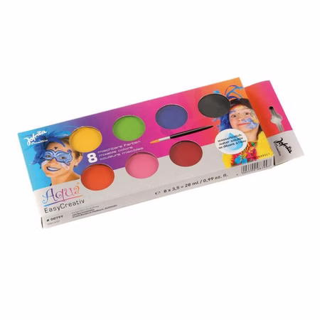 Aqua Creative Schminkpalette für Kinder 8 Farben wasserlöslich inkl. Pinsel Kinderschminke Schminken Make-Up Fasching Karneval Mottoparty Kostüm-Zubehör Kindergeburtstag Schrägansicht: Aqua Creative Kinderschminkpalette mit farbigen Schminknäpfchen in schräger Perspektive.