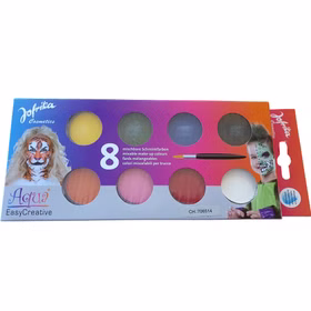 Vorderseite: Schminkpalette Aqua Creative mit 8 bunten, wasserlöslichen Farben und beiliegendem Pinsel