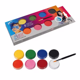 Aqua Creative Schminkpalette für Kinder mit acht wasserlöslichen Farben in Gelb, Grün, Blau, Schwarz, Orange, Rosa, Rot und Weiß, inklusive Pinsel, auf weißem Hintergrund dargestellt.