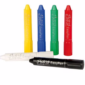 Sechs Jofrika Aqua EasyPen Schminkstifte in Gelb, Weiß, Blau, Grün, Rot und Schwarz mit praktischer herausdrehbarer Farbmine.