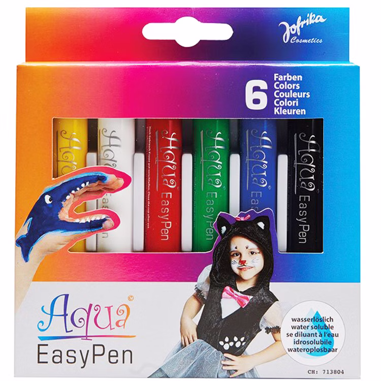 Jofrika Aqua EasyPen Schminkstifte Verpackung Verpackung der Jofrika Aqua EasyPen mit sechs wasserlöslichen Schminkstiften für Gesichtsschminke und kreatives Kinderschminken.