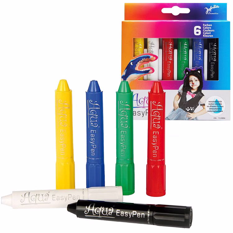 Jofrika Aqua EasyPen Schminkstifte 6er Set Jofrika Aqua EasyPen Schminkset mit Verpackung und sechs wasserlöslichen Stiften in Gelb, Weiß, Rot, Grün, Blau und Schwarz.