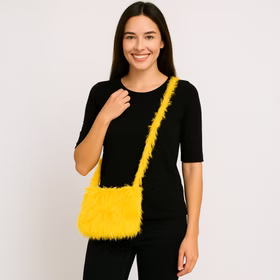 Hippie-Plüsch Tasche Gelb 20 x 20 cm für Erwachsene Kostüm-Zubehör 70er Jahre Fasching Karneval Mottoparty Hippie-Plüsch Tasche Gelb auf den Schultern einer Frau von Vorne