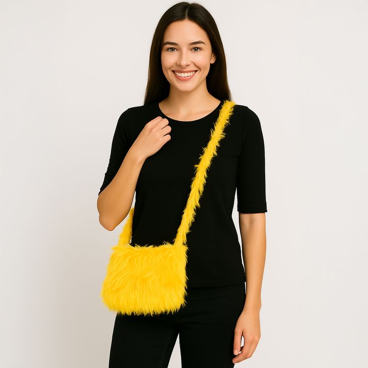 Hippie-Plüsch Tasche Gelb 20 x 20 cm mit Reißverschluss für Erwachsene  Hippie-Plüsch Tasche Gelb  20 x 20 cm für Erwachsene mit Trägern von Vorne