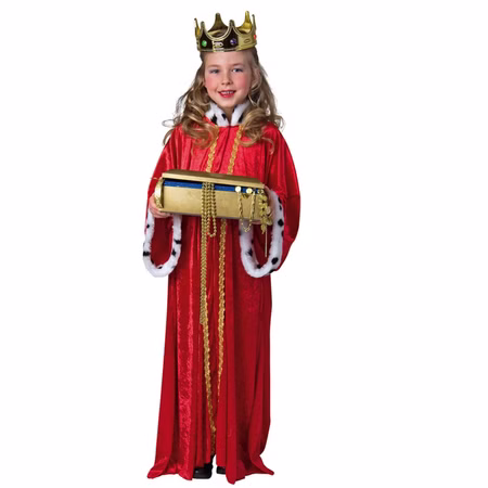 Königsmantel rot Krippenspiel für Kinder Gr. 140/152 Heilige drei Könige Fasching Karneval Mottoparty Kostüm-Zubehör Kind im roten Gewand aus Pannesamt mit Plüschbesatz und Kragen in Hermelinoptik von Vorne.
