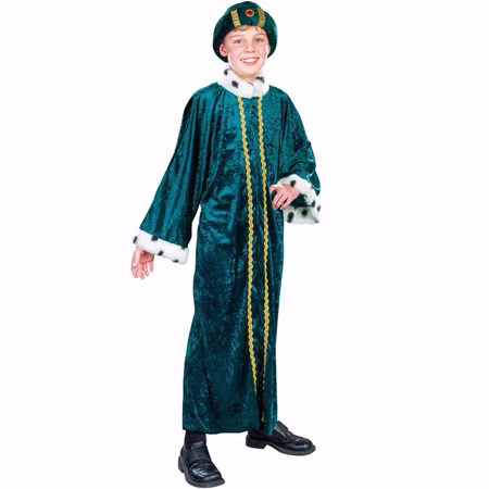 Sternsinger Kostüm Heilige Drei Könige Mantel grün für Kinder Gr. 140/152 grün Unisex Krippenspiel Fasching Karneval Weihnachten Kind im grünen Gewand aus Pannesamt mit Plüschbesatz und Kragen in Hermelinoptik seitlich von Vorne.