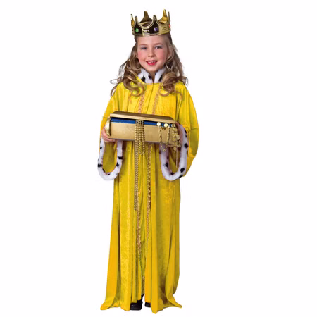 Sternsinger Kostüm gelber Mantel Heilige Drei Könige für Kinder Gr. 140/152 Krippenspiel Weihnachten Fasching Karneval Mottoparty Rollenspiel Kind im gelben Gewand aus Pannesamt mit Plüschbesatz und Kragen in Hermelinoptik von Vorne.