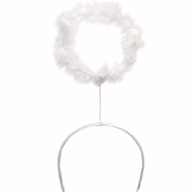 Weißer Haarreif mit flauschigem Heiligenschein aus Federn auf neutralem Hintergrund, filigranes Engel-Kostümzubehör.