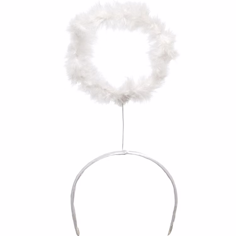 Heiligenschein Haarreif Weiß Engel Kostüm Zubehör Weihnachten & Krippenspiel Kostüm-Zubehör für Kinder und Erwachsene Advent Fasching Karneval Mottoparty Christkind Christkindl Weißer Haarreif mit flauschigem Heiligenschein aus Federn auf neutralem Hintergrund, filigranes Engel-Kostümzubehör.