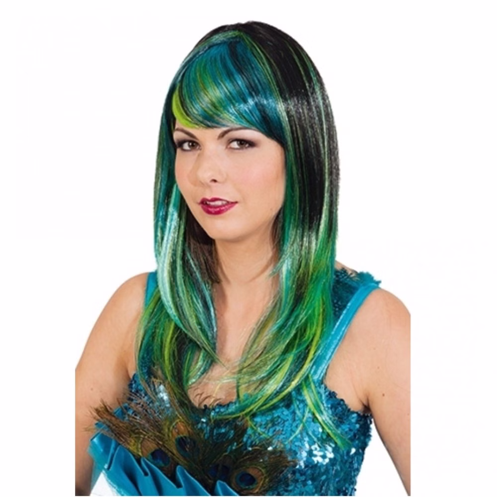 Pfau Perücke Langhaar schwarz mit blau-grünen Strähnen für Damen Kostüm-Zubehör Tier-Perücke Nixe Meerjungfrau Accessoire Fasching Karneval Mottoparty
