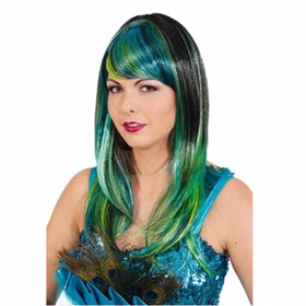 Pfau Perücke Langhaar schwarz mit blau-grünen Strähnen für Damen Kostüm-Zubehör Tier-Perücke Nixe Meerjungfrau Accessoire Fasching Karneval Mottoparty