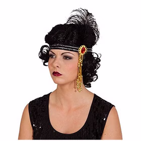 Charleston Stirnband schwarz mit Stein Feder Haarband mit Pailletten 20er Jahre SALE Kostüm-Zubehör Fasching Karneval Mottoparty Charleston Stirnband schwarz mit Stein Feder Haarband mit Pailletten für Damen seitlich von Vorne