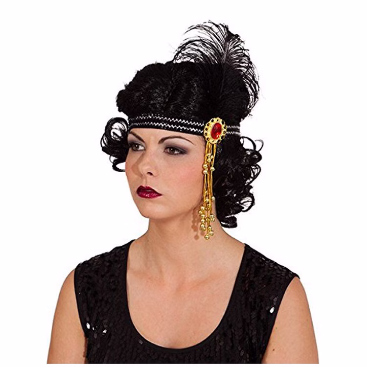 Charleston Stirnband schwarz mit Stein Feder Haarband mit Pailletten 20er Jahre SALE Kostüm-Zubehör Fasching Karneval Mottoparty Charleston Stirnband schwarz mit Stein Feder Haarband mit Pailletten für Damen seitlich von Vorne