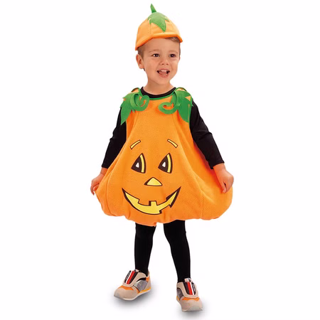 Kürbis Kostüm Kinder Halloween Kürbis Verkleidung mit Mütze Gr. 98/104 Orange SALE Fasching Karneval Mottoparty Kind trägt ein orangefarbenes Kürbis-Kostüm mit Kürbisgesicht und passender Mütze vor hellem Hintergrund.