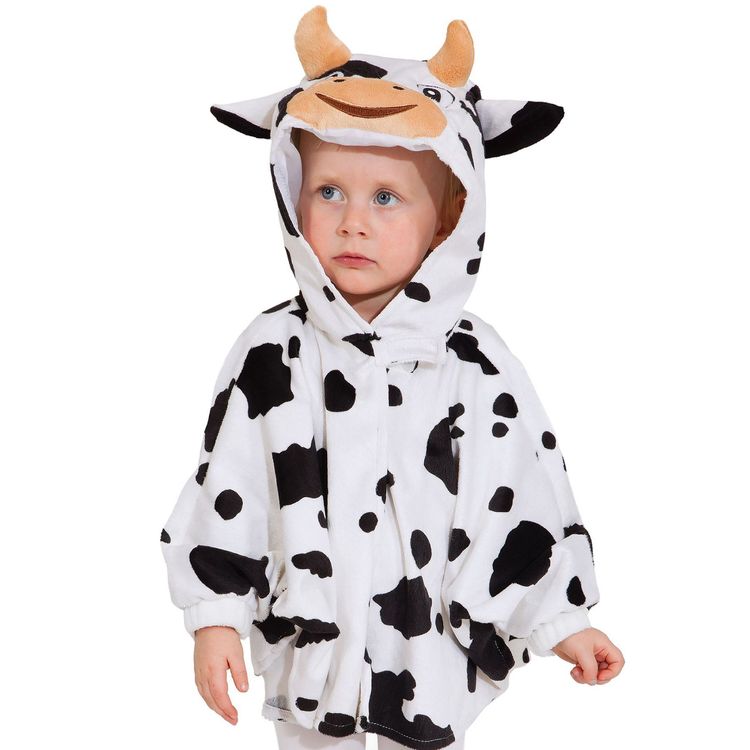 Kuh Kostüm Klara Gr. 104 schwarz-weiß mit Kapuze Kälbchen Umhang für Kinder Tier Tierkostüm für Mädchen und Jungen Unisex-Kostüm Fasching Karneval Mottoparty Kinderfasching