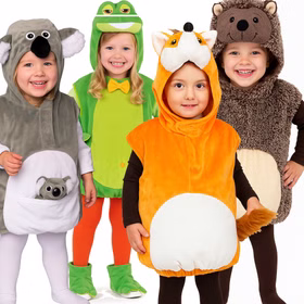 Fuchs Kostüm und dahinter Koala Kostüm Frosch Kostüm und Igel Kostüm für Kinder von Vorne