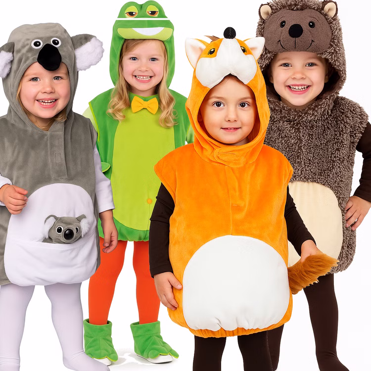 Frosch Kostüm Quaki für Kinder Gr. 104-110 grün Tier Tierkostüm Fasching Karneval Mottoparty Märchen Rollenspiel Fuchs Kostüm und dahinter Koala Kostüm Frosch Kostüm und Igel Kostüm für Kinder von Vorne