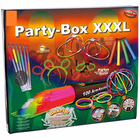 Knicklichter Party Box XXXL Verpackung Vorderseite Verpackung der Knicklichter Party Box XXXL mit 100 Arm-Knicklichtern und umfangreichem Zubehör für Partys und Festivals.