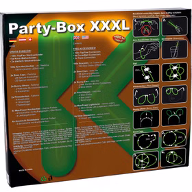 Knicklichter Party Box XXXL Verpackung Rückseite Rückseite der Knicklichter Party Box XXXL mit Lieferumfang, Sicherheitshinweisen und bebilderten Aufbauanleitungen auf Deutsch.