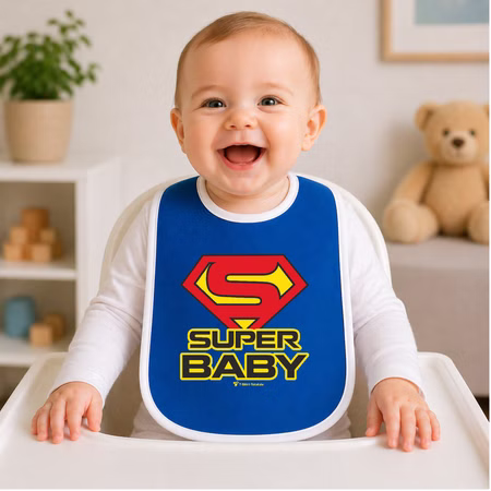 Baby Lätzchen "Super Baby“ blau aus Baumwolle 20 x 30 cm Geschenkidee Geburt 1. Geburtstag SALE witziges Geschenk Kleckerlatz Kleckerlätzchen für Babys & Kleinkinder Lachendes Baby im Hochstuhl trägt blaues Lätzchen mit Motiv "Super Baby“ mit weißem Rand in gemütlicher Wohnumgebung. Hinweis: KI generiertes Bild