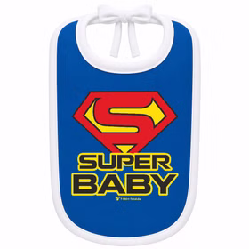 Baby Lätzchen "Super Baby“ blau aus Baumwolle 20 x 30 cm Geschenkidee Geburt 1. Geburtstag SALE witziges Geschenk Kleckerlatz Kleckerlätzchen für Babys & Kleinkinder Blaues Baby-Lätzchen mit Motiv "Super Baby“ mit weißem Rand und Bindebändern vor weißem Hintergrund.