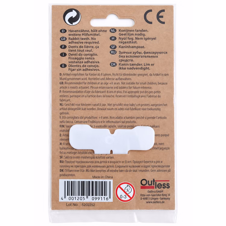 Hasenzähne weiß Kostüm Zubehör Rückseite Rückseite der Hasenzähne-Verpackung mit Anwendungshinweisen, Sicherheitstexten, CE-Kennzeichnung, EAN und Herstellerangaben.