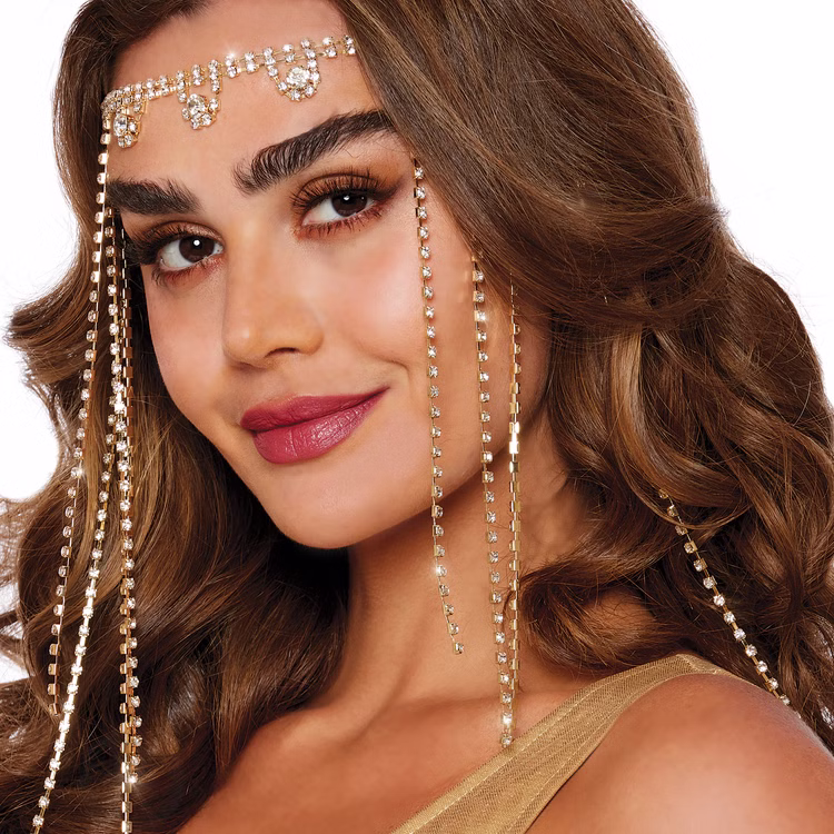 Orientalische Stirnbandkette Gold Weiß Kostüm-Zubehör für Damen Antike Fasching Karneval Mottoparty Kopfschmuck Nahaufnahme Orientalische Stirnbandkette für Damen seitlich von Vorne