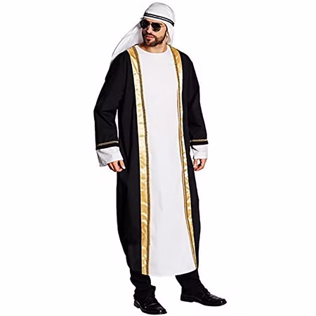 Scheich Kostüm Herren Sultan Amar Araber Verkleidung Weiß Gold Gr. M-XXL Tuareg Ölscheich SALE Fasching Karneval Mottoparty Scheich Kostüm für Herren mit langer weißer Tunika, schwarzem Überwurf mit goldfarbenen Borten und passender weißer Kopfbedeckung im orientalischen Stil.