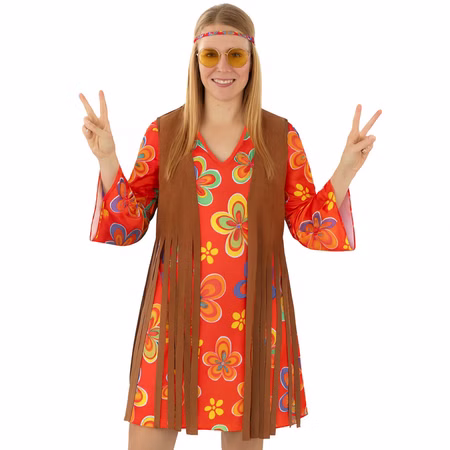Hippie Kostüm Nancy für Damen Gr. 36-48 Kleid bunt Flower Power SALE Party 70er Jahre Mottoparty Fasching Karneval Hippie Kostüm Nancy für Damen Blumenkleid mit Weste von Vorne