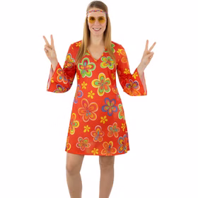 Hippie Kostüm Nancy Kleid ohne Weste angezogen von Vorne