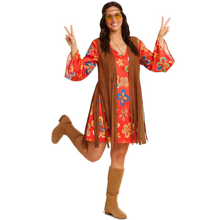 Hippie Kostüm Nancy für Damen Hippie Kostüm Nancy für Damen Blumenkleid mit Weste von Vorne