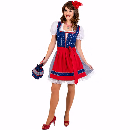 Dirndl Franzi Blau-Rot Damen Oktoberfest Trachtenkleid Gr. 36-42 SALE Kleid Wiesn-Outfit Wasen Tracht Bavaria Mottoparty Frau im blau-roten Dirndl Franzi mit weißer Puffärmelbluse, kariertem Rock und roter Schürze; Tasche, Schmuck und Schuhe sind Zubehör.