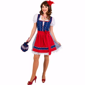 Dirndl Franzi Blau-Rot Damen Oktoberfest Trachtenkleid Gr. 36-42 SALE Kleid Wiesn-Outfit Wasen Tracht Bavaria Mottoparty Frau im blau-roten Dirndl Franzi mit weißer Puffärmelbluse, kariertem Rock und roter Schürze; Tasche, Schmuck und Schuhe sind Zubehör.