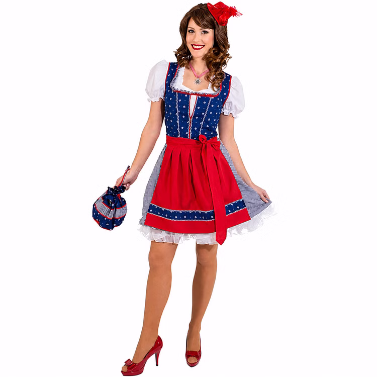 Dirndl Franzi Blau-Rot Damen Oktoberfest Trachtenkleid Gr. 36-42 SALE Kleid Wiesn-Outfit Wasen Tracht Bavaria Mottoparty Frau im blau-roten Dirndl Franzi mit weißer Puffärmelbluse, kariertem Rock und roter Schürze; Tasche, Schmuck und Schuhe sind Zubehör.
